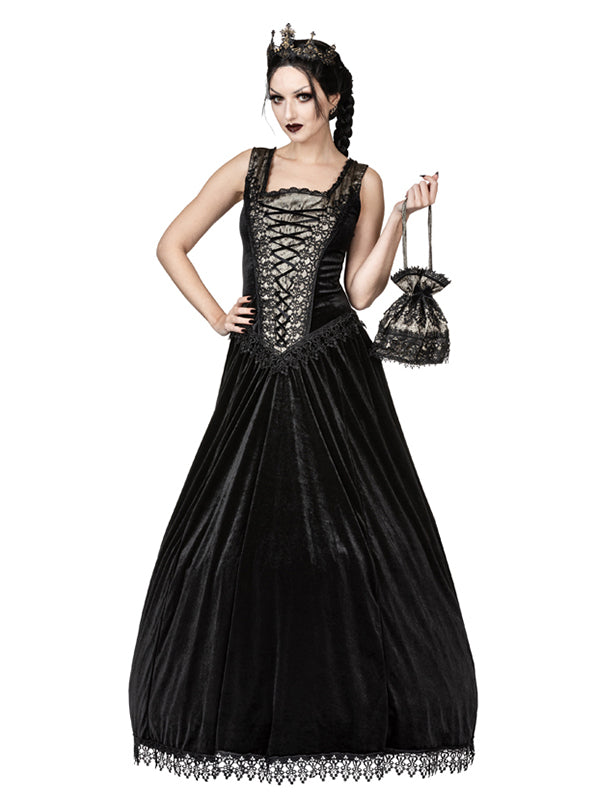 Gothic Fluwelen Duchess Jurk Met Antiek Groene Taft En Brokaatkant Accent