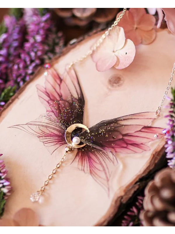 Handgemaakte Pearl Moon Halsketting met 4 Fairy Wings en Swarovski-kristal in Zwart en Paars