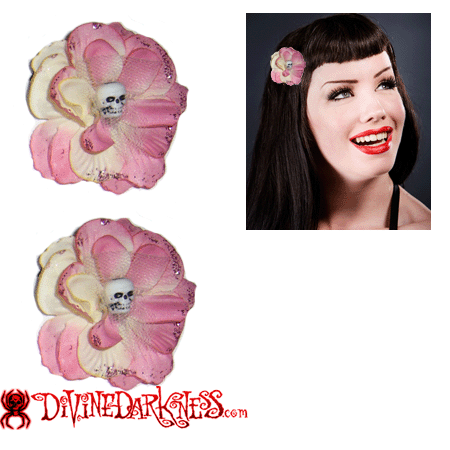 Pink Skull Flower Haarclips - Divine-Darkness